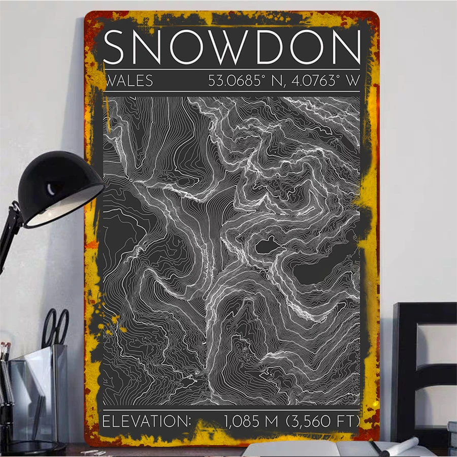 Snowdon Wales Topographic Map Metal Wall Art 53.0685°N 4.0763°W Elevation 1085M Hiking Decor