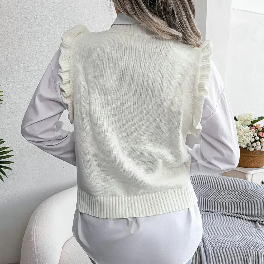 Women Autumn Winter Warm Sleeveless Knitted Sweaters O-Neck Solid Color Rhombus Pattern Ruffle Cuffs Sweater Vest Female Tops