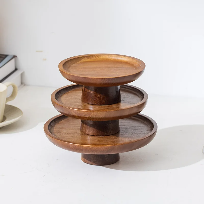 Vintage Wooden Elevated Serving Tray Round Square Footed Fruit Plate Dessert Display Stand for Home Kitchen Party Decor