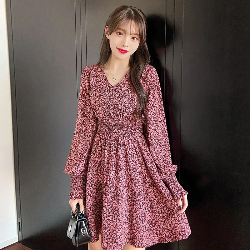 Dresses For Women Summer Dresses Women\'s Party Elegant Dress Floral Dress Ladies Puff Sleeve V Neck High Waist Stretch Dres