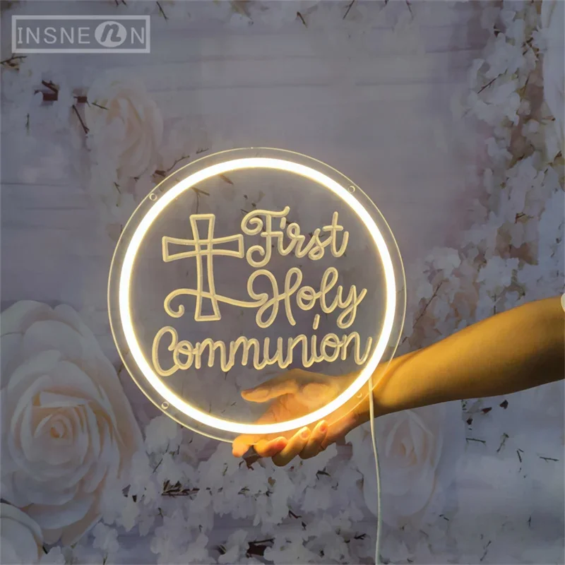 First Holy Communion Neon LED Sign, 3D Engraving, Wall Decor, Neon Lighting, Lights for Party, Home, Baptism Decoration