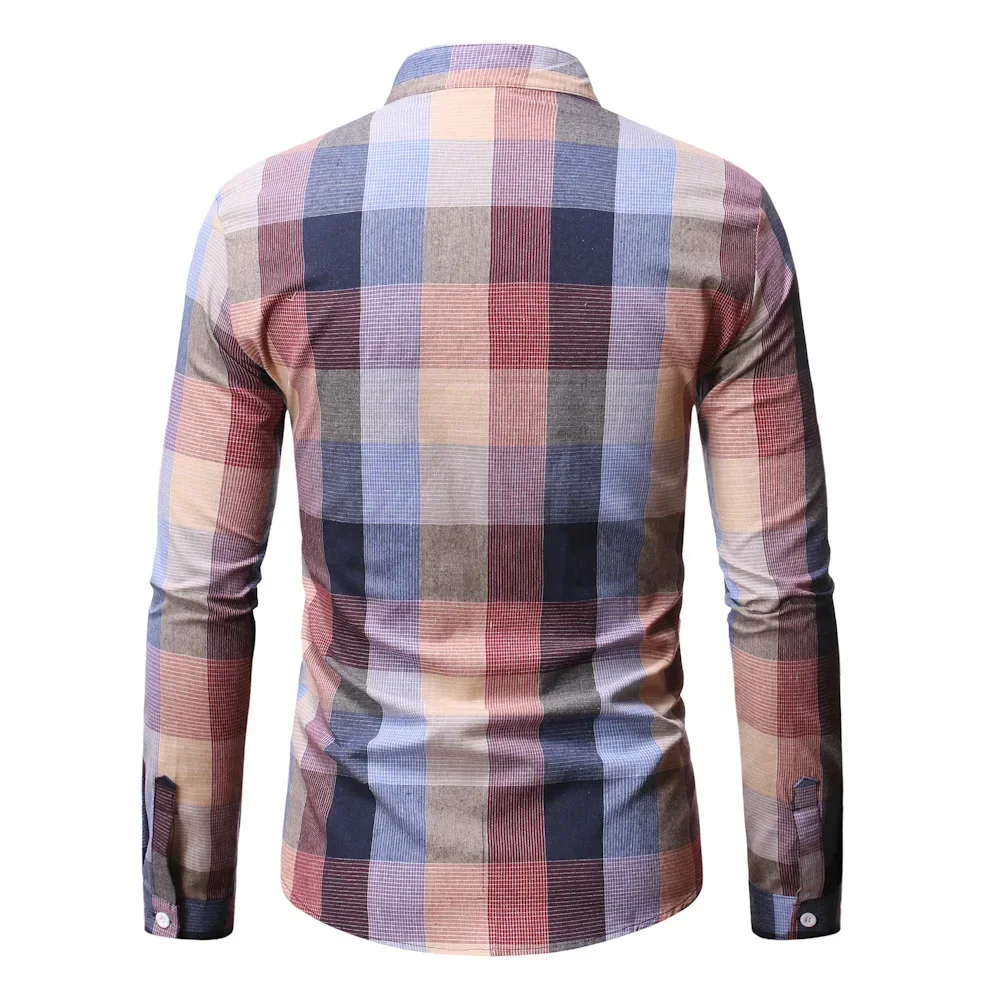 LIBIELIY Men Shirts Long Sleeve Stand Collar Blouses Shirt Casual Shirts Single Breasted Spliced Cardigan Plaid Button Loose 202
