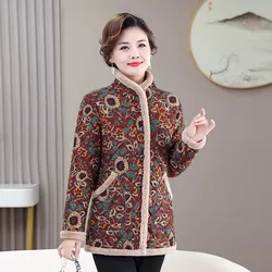 New Middle-Aged Elderly Fleece Clothes Mothers Standing collar print Thick  Warm Elegant Fashionable Women Cotton Clothing