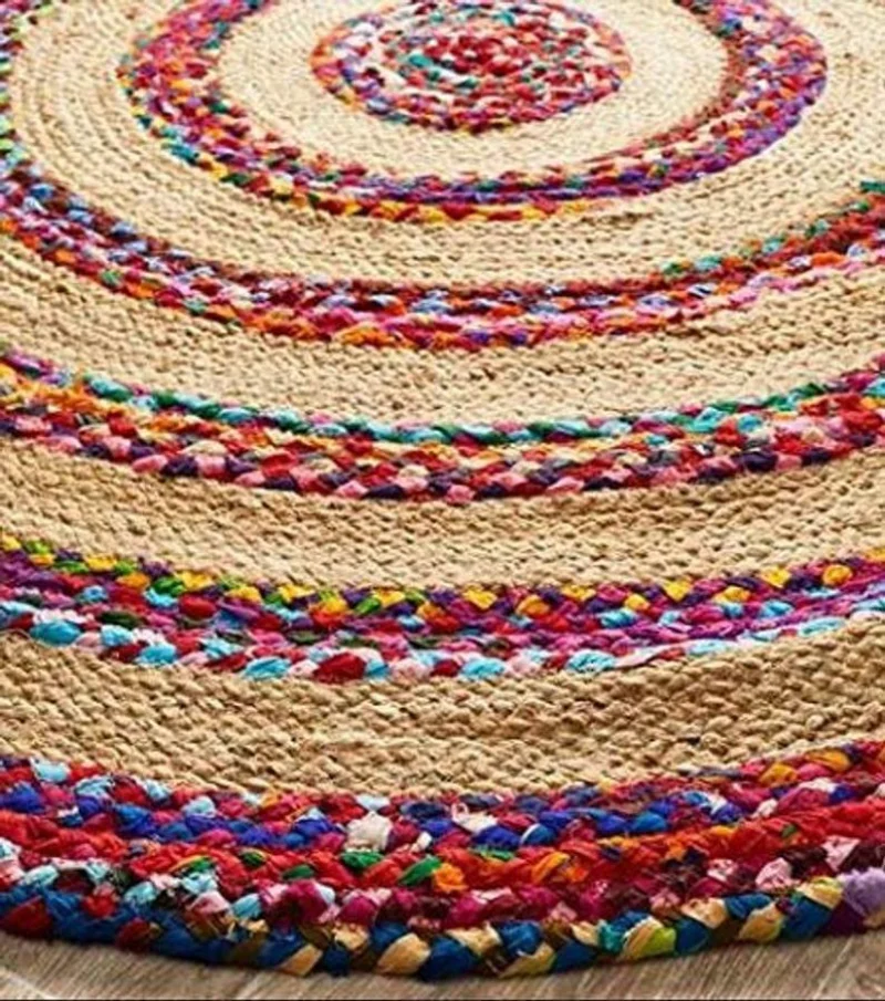 Indian Jute Chindi Round Rugs Colored Woven Carpet for Living Room Indoor-Outdoor Multi Color Rugs for Bedroom Home Decor