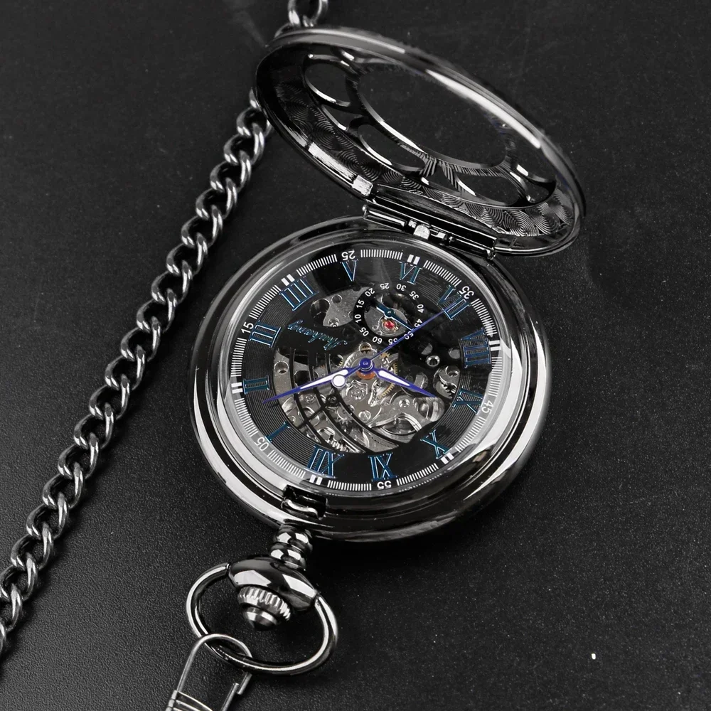 Vintage Black Semicircle Mechanical Hand Wind Pocket Watch Chain Luxury Steampunk Women Men Watches Fob Male Clock Gifts