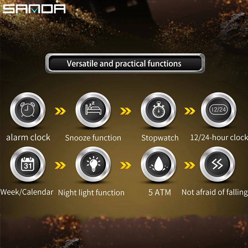 SANDA New Electronic Watches Men Outdoor Sports Waterproof Watch Fashion Simple LED Night Light Multifunctional Watches For Boy