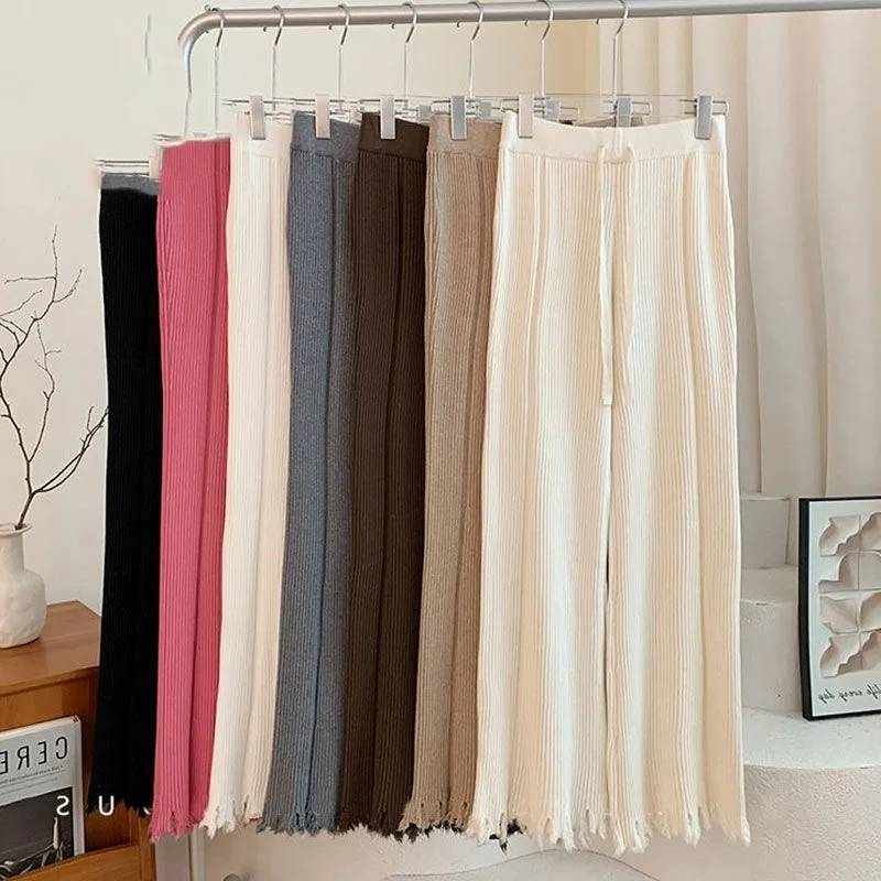 ハイウエストのややフレアしたタッセルファー付きニットワイドレッグパンツ、秋のピットストリップドレープフロアーモービングフレアパンツ（女性用）