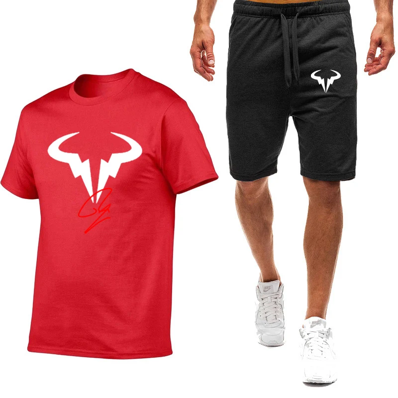 2024 Summer Men's Rafael Nadal Symbol Logo Print Popular Round Neck Cotton Short Sleeve+Casual Sweatpants Fitness Quick-Dry Sets