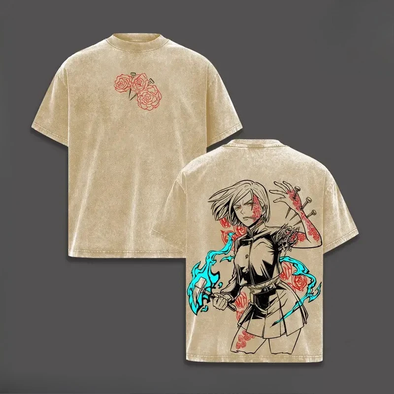 Kugisaki Nobara Printed Tee Anime Jujutsu Kaisen Clothing Men Women Retro Washed T-shirts Cotton Tshirt Harajuku Male T Shirt
