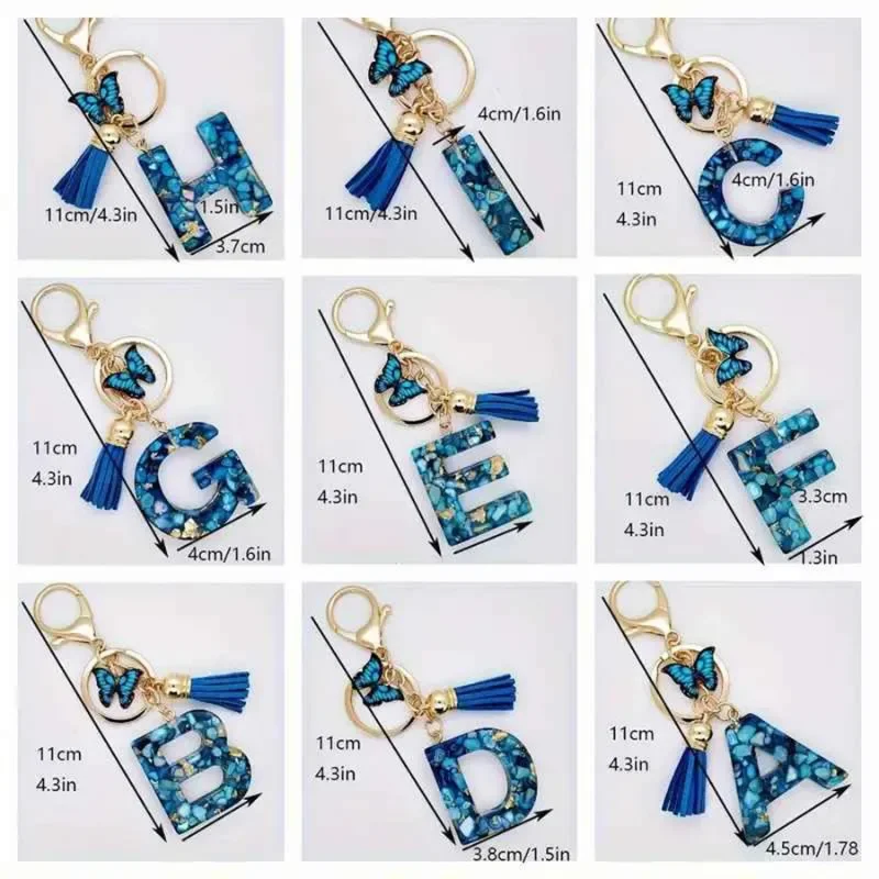 Fashion Blue Glazed Stone A To M Letter Keychain Initials Alphabet Butterfly Tassel Pendant Car Keyring Women GIft Accessories