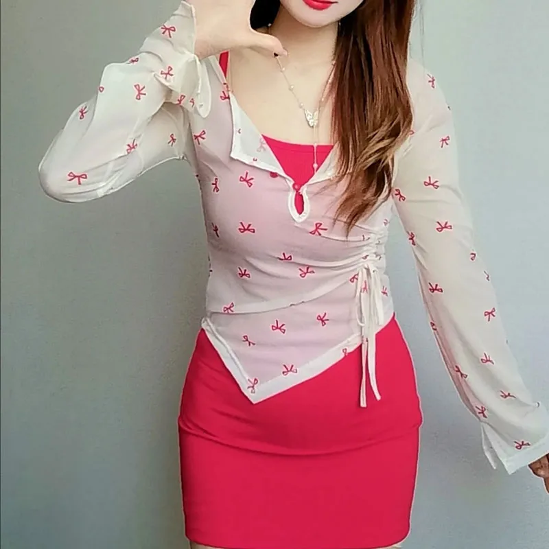 

Summer Women Sheath Red Camisole Dress Printed Bow Long Sleeve Irregular Drawstring Waisted Slim Shirt Hot Sexy Two Pieces Set