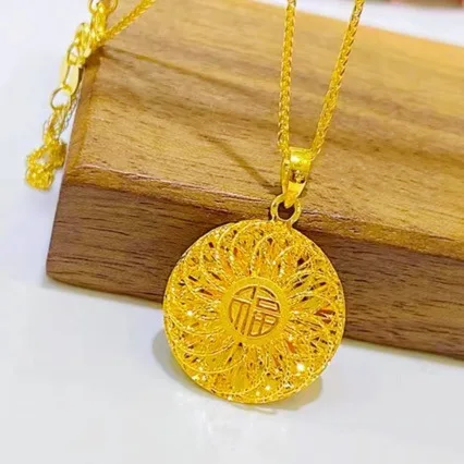 AU999 pure gold necklace, a lifetime of happiness, 24K real gold hollow filigree round pendant, a great gift for women