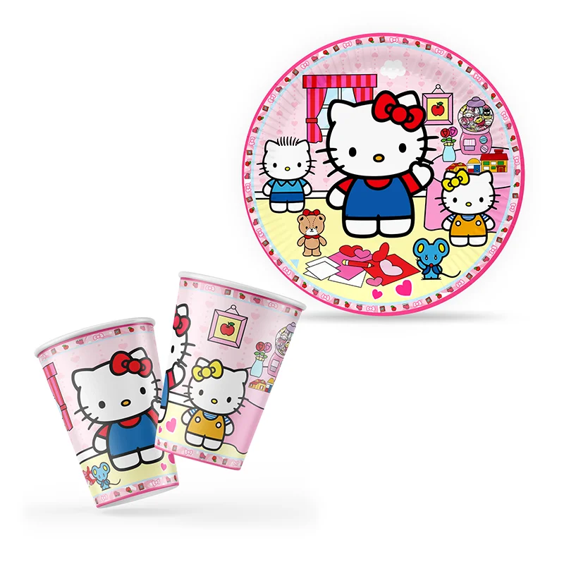 Kit de vajilla de fiesta desechable ecológica con temática de Hello Kitty: platos, tazas, servilletas, pegatinas para decoraciones de cumpleaños/Navidad