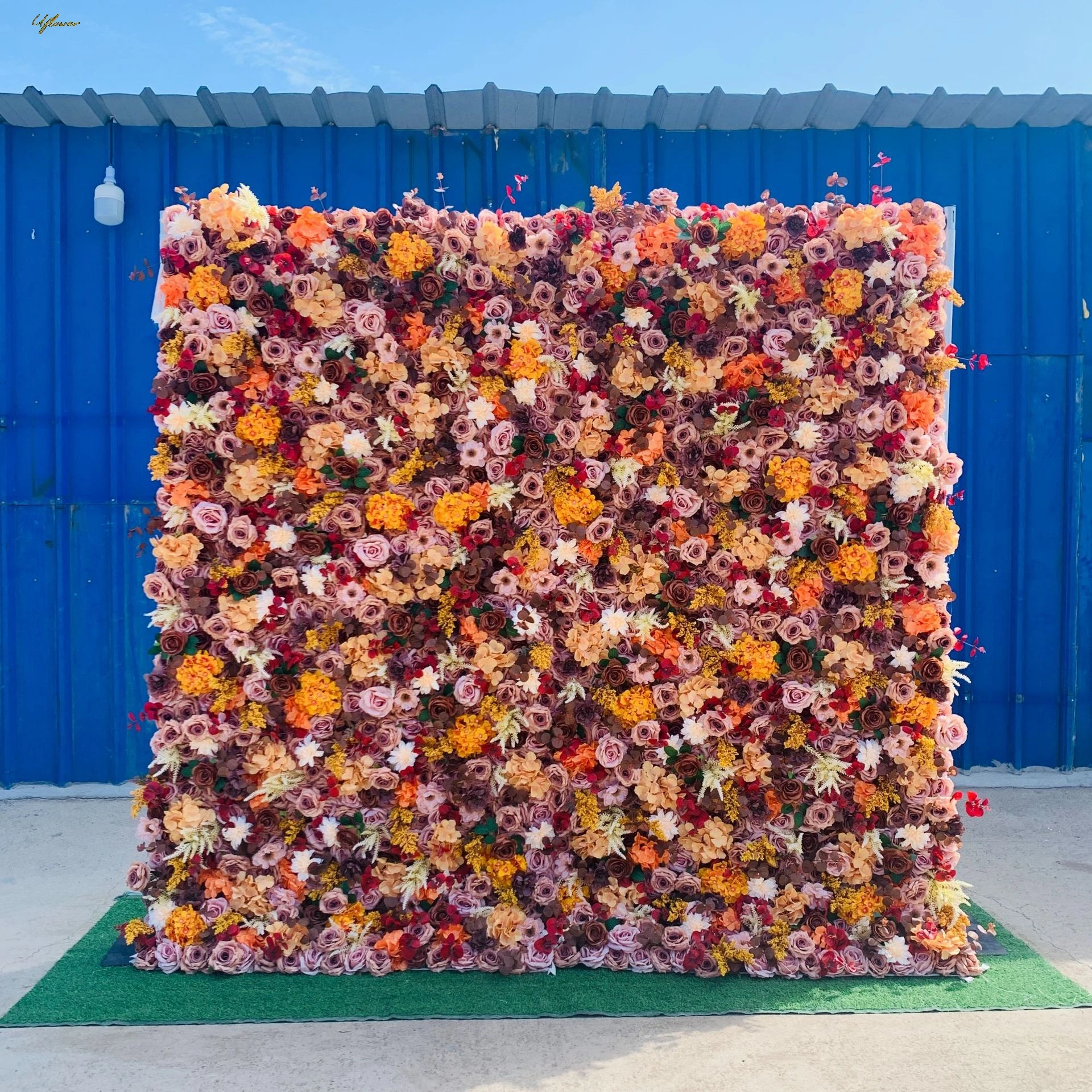 Uflower Autumn Orange Rose Wedding Artificial Flower Wall Floral Arch Row Backdrop Event Party Props Flower Floral Arrangement