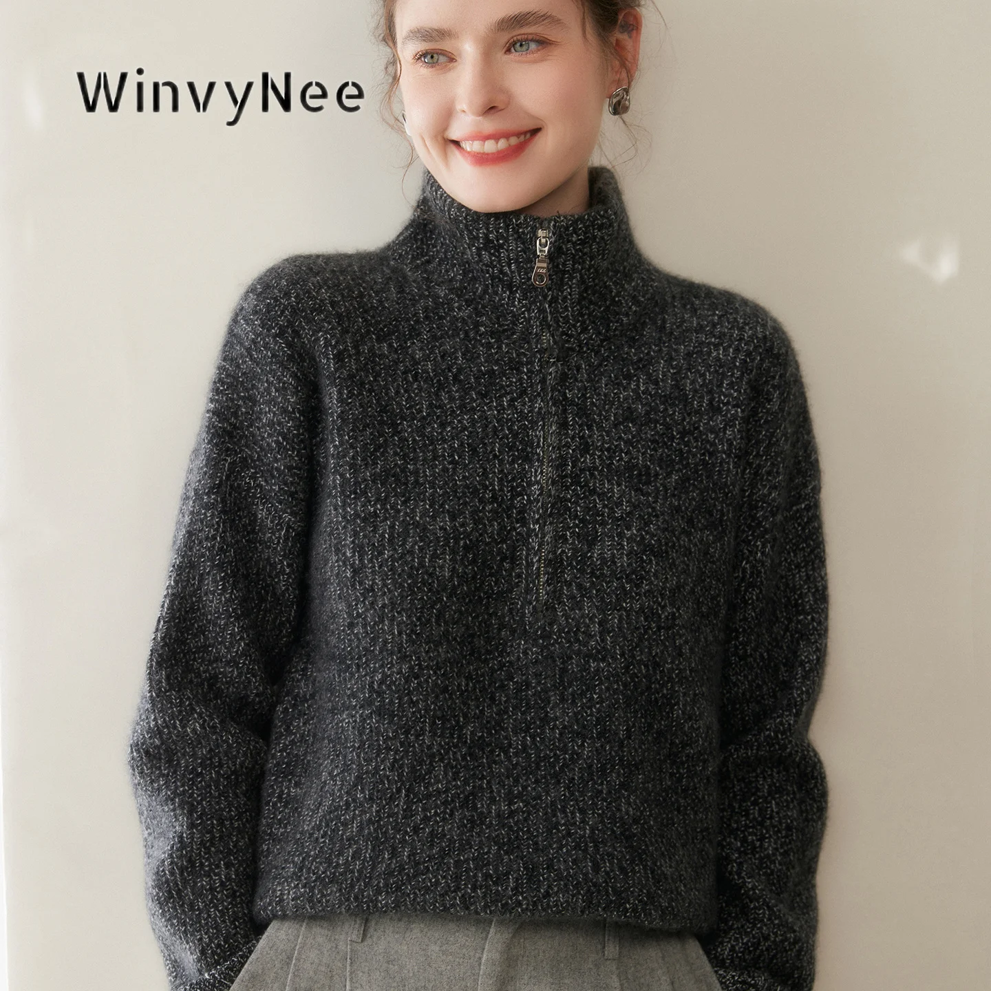 WinvyNee Women Cashmere Pullover Half Zip Turtleneck Relaxed Knit Elegant Daily Streetwear Thermal Autumn Winter Outfit A1054087
