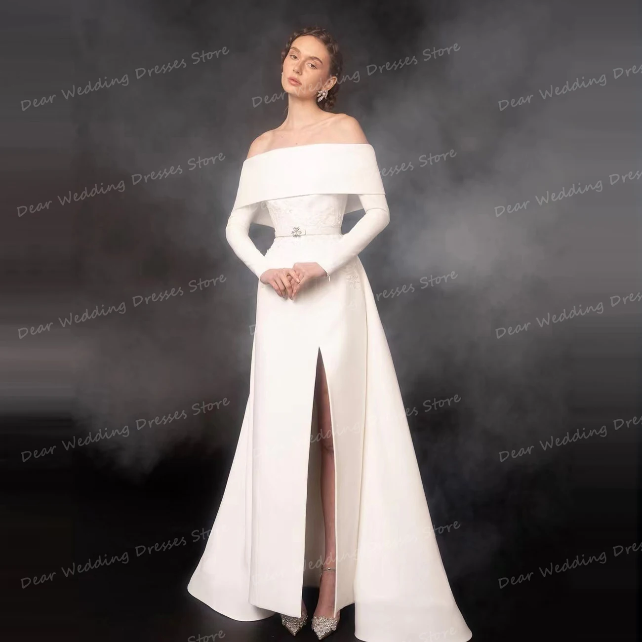 Simple Boat Neck Wedding Dresses Sexy Long Sleeve Mermaid For Women Bridal Gowns Split Off The Shoulder Formal Vestidos 웨딩드레스