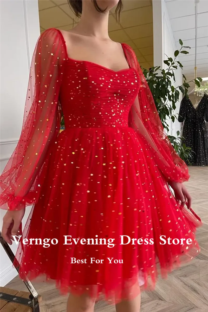 Verngo New 2021 Sparkly Stars Black Tulle Prom Dresses Puff Long Sleeves Sweetheart Knee Length Short Evening Party Gowns