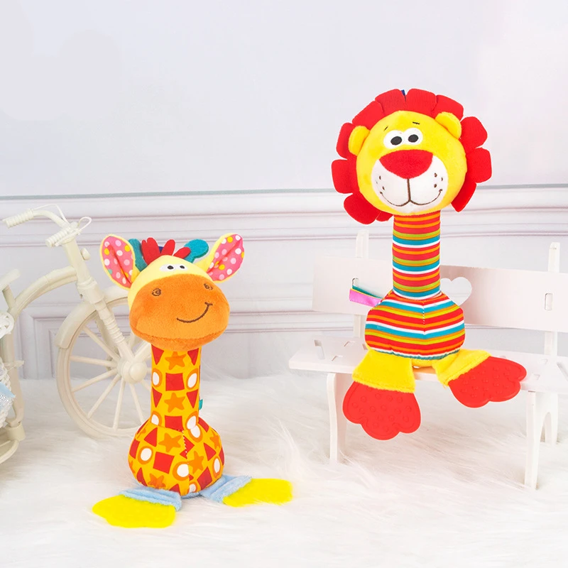 아기 핸드헬드 만화 동물 딸랑이 BB 치아 젤, 물고 달래기 인형, 아기 봉제 장난감