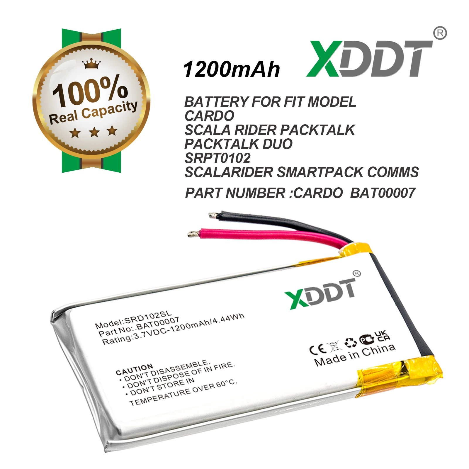 Batería de repuesto de 1200mAh para auriculares inalámbricos Cardo Scala Rider Packtalk Duo SRPT0102 BAT00007 compatibles con sistemas Cardo