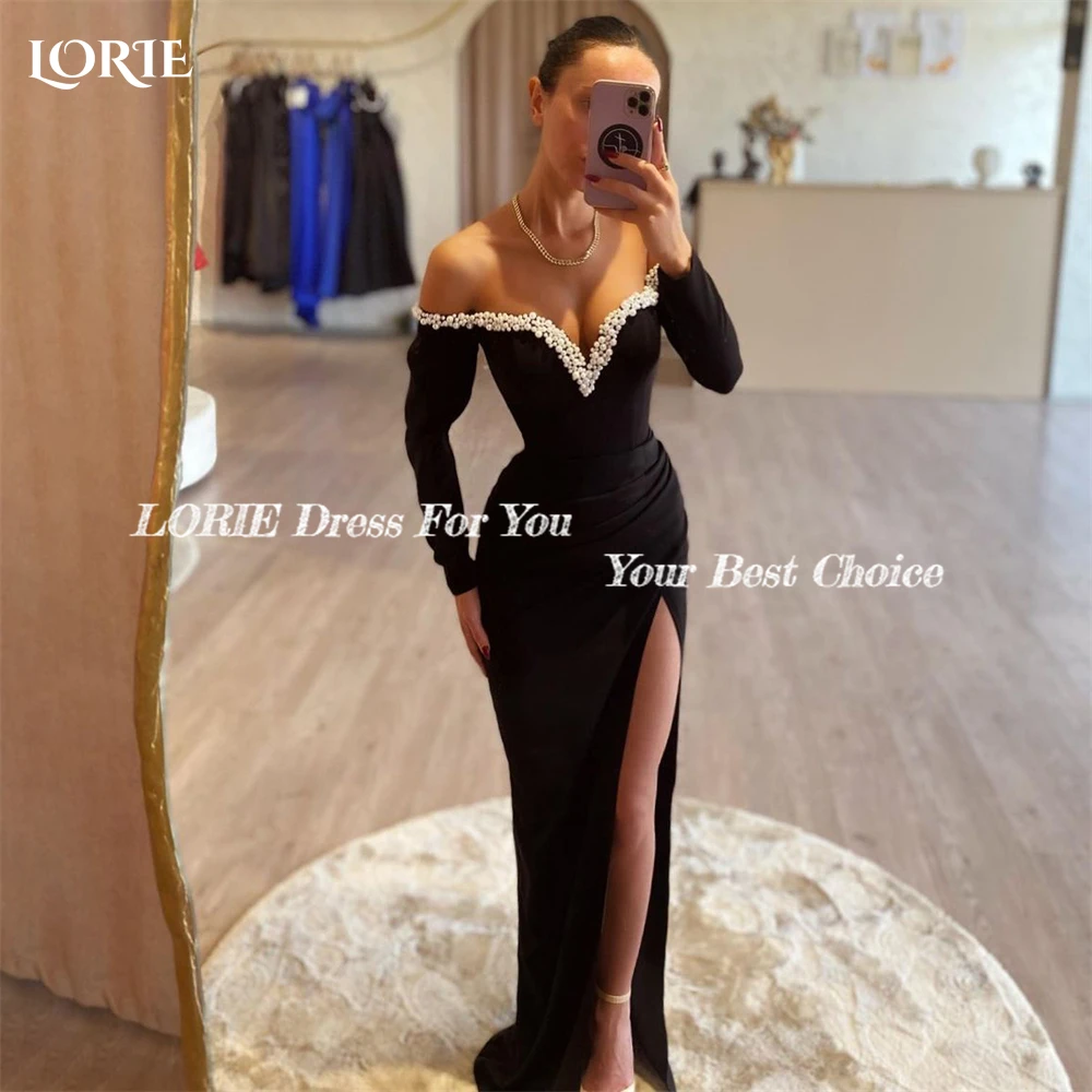 LORIE Elegant Black Mermaid Evening Dresses Off Shoulder Pearls Bodycon Side Slit Prom Dress Dubai Bridesmaid Party Gowns 2024