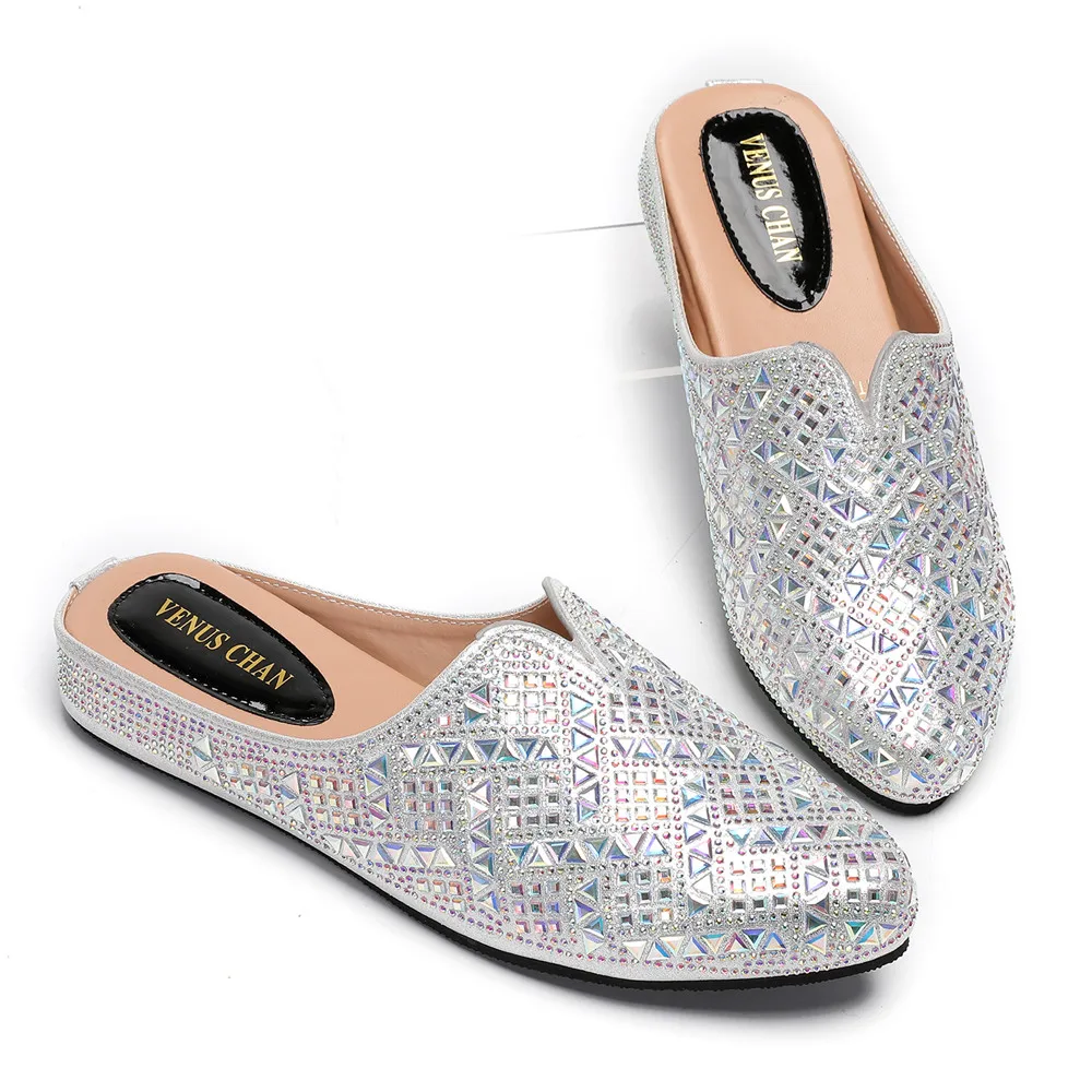 

New Fashion Italian Top Designer 2025 Casual Elegant Silver Color Rhinestone Summer Women's Flat Slippers