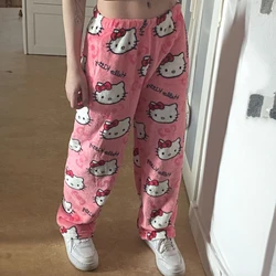 Sanrio-Pijama de Hello Kitty para mujer, pantalón de franela con dibujos animados de Anime, de lana, Kawaii, informal, para el hogar, 2024