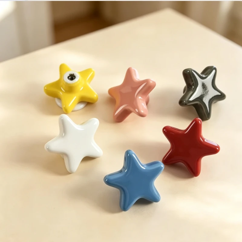 SHX Star Ceramic Cabinet Knobs Shape Drawer Pulls Kids Bedroom Wardrobe Cupboard Free M4 Screws Coffee shop bedroom kitchen