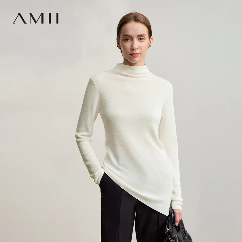 

Amii Sweater For Woman 2025 Winter New Casual Versatile Semi-turtleneck Sweater Asymmetrical Pullover Knitted Top Women 12524129