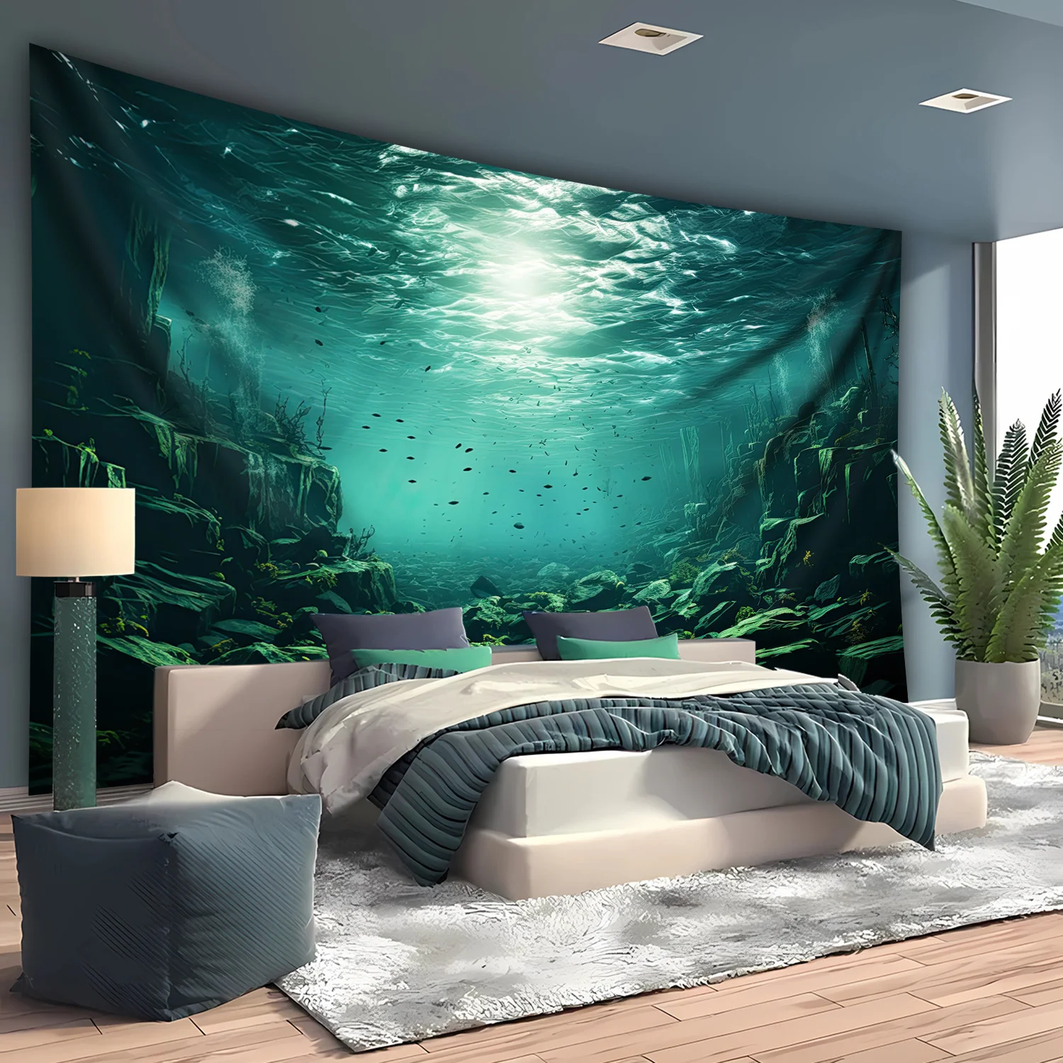 1pc - Massive Deep Blue Ocean Wall Tapestry, Polyester Digital Print, High-Definition Underwater Scene with Sunlight, Ideal for