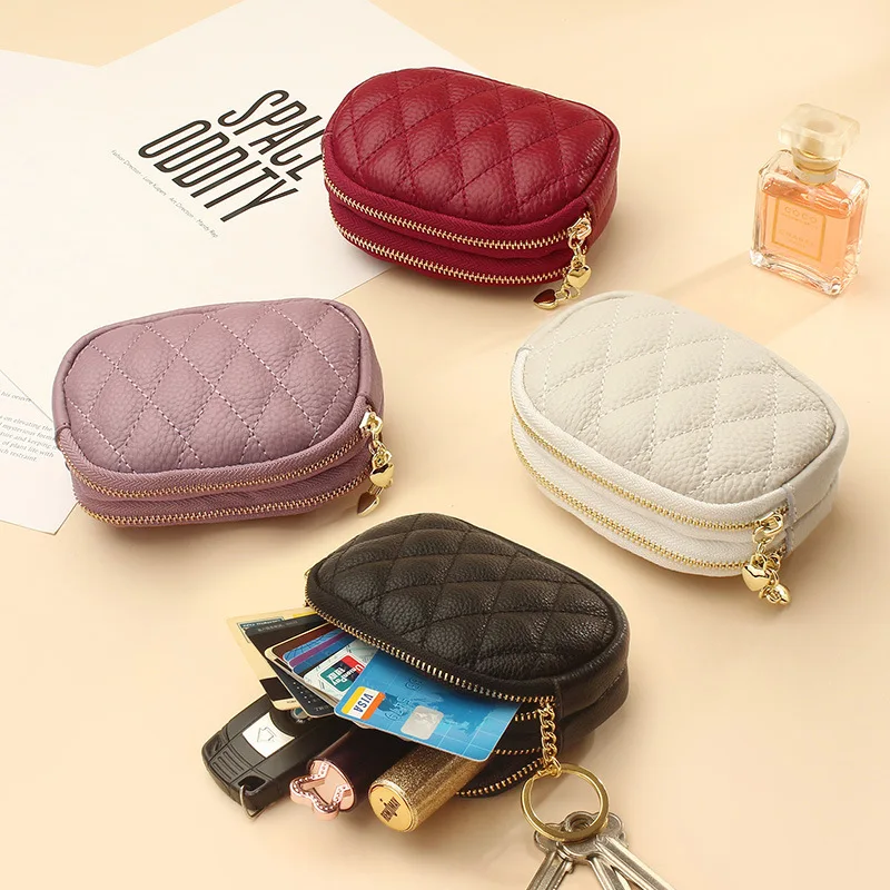 

Small Wallet First Layer Cowhide Rhombus Mini Coin Change Bag Double Zipper Leather Change Bag Female Wholesale