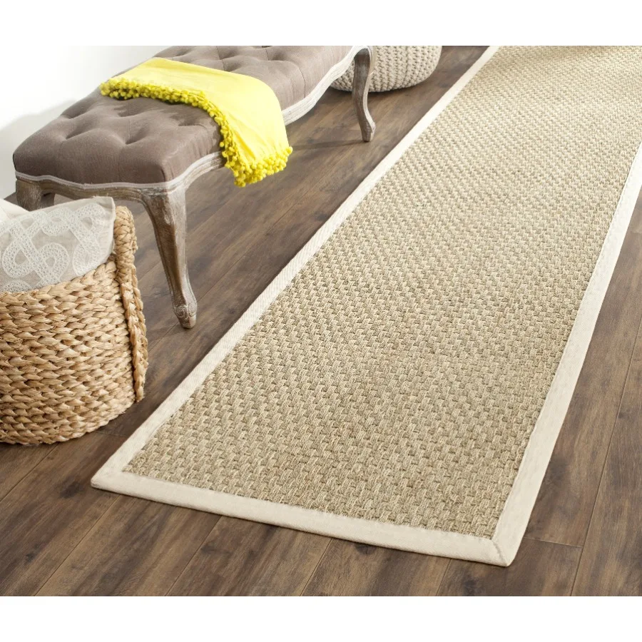 Natural Fiber Rug Runner Summer Power Loomed Natural Ivory Bordered Area Rugs 2'6" x 12' Runner Non-Slip Backing