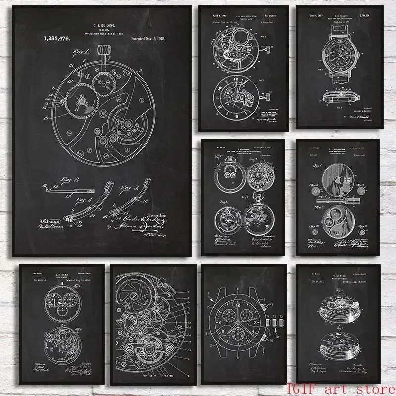 Black and White Art Watch Patent Painting Poster Print for Living Room Creative Clock Detail Canvas  Wall  Decoration