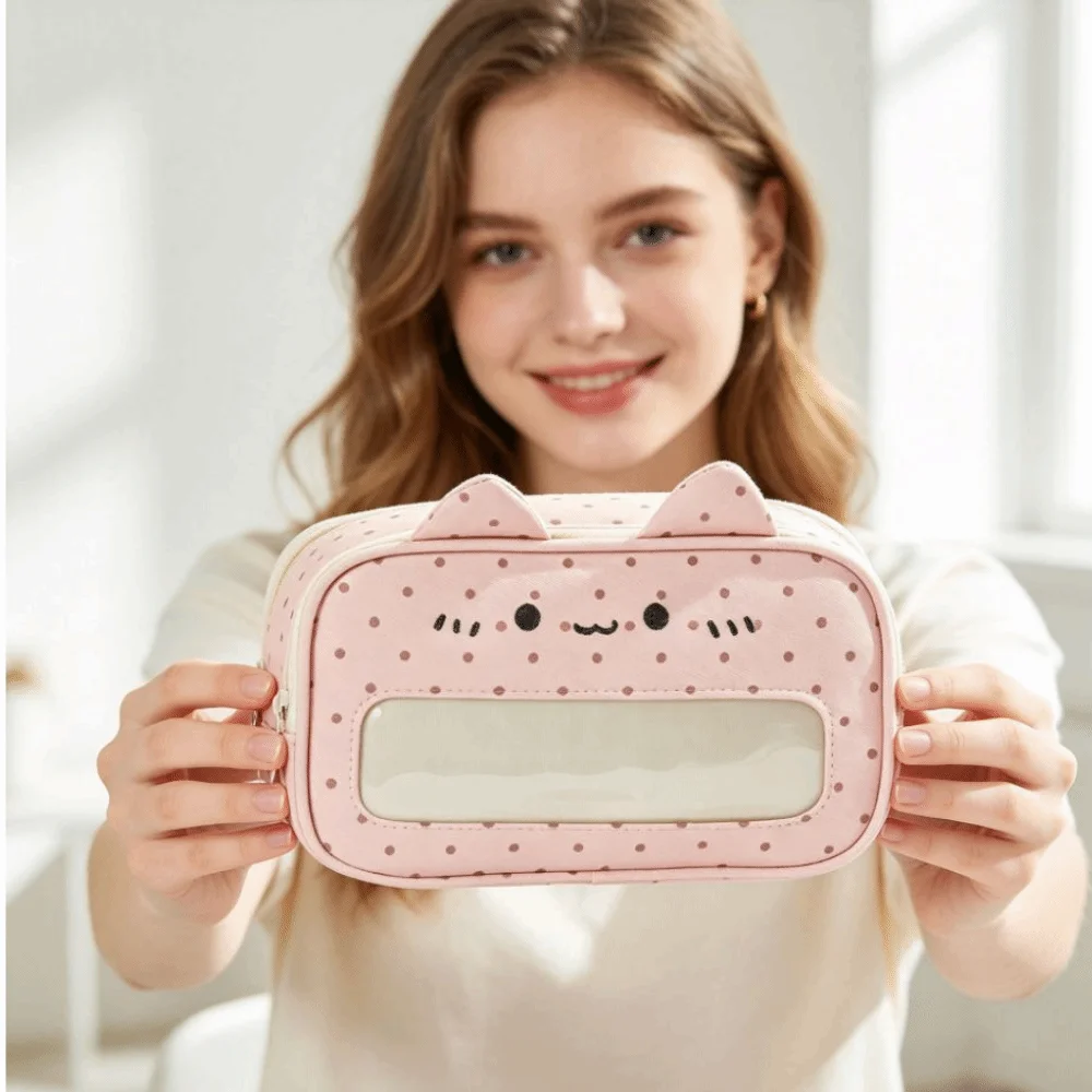 Cat Face Cat Ear Design Pencil Case Large Capacity Polka Dot Pen Bag Multi-Layer Storage Transparent Window Pencil Pouch Girls