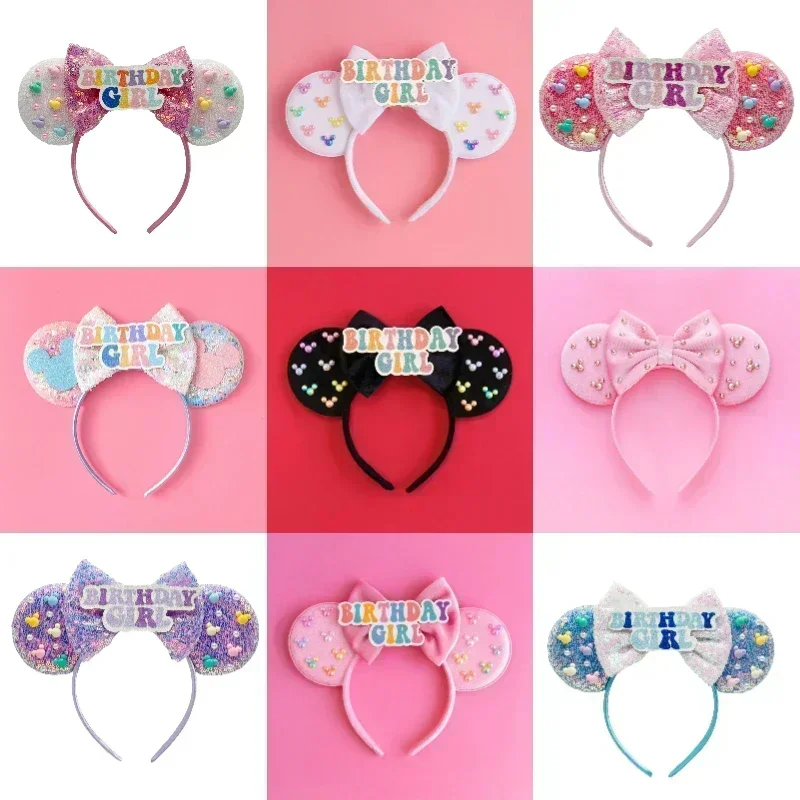 Happy BIRTHDAY GIRL Headbands for Women Disney Cotton Bow Hair Accessories Adults Colorful Pearls Mickey Ears Hairband Kids Gift view 2