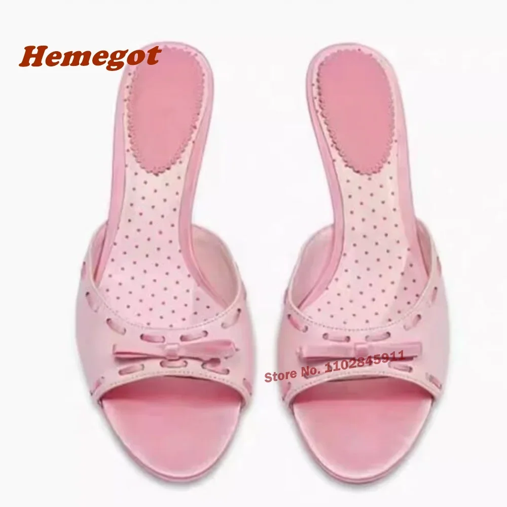 Bows Satin Patchwork Slippers Open Toe Printed Kitten Heels Women's Slippers Strange Style Pink Love Cute Summer Sandals Luxury