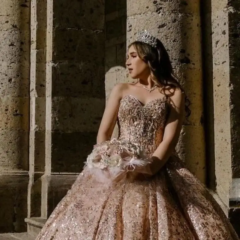 Vestido de Quinceañera de princesa de oro rosa brillante, vestido de baile con lazo, apliques de purpurina, cuentas de cristal, dulce 16, baile de graduación