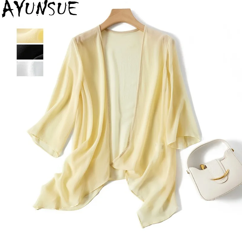 AYUNSUE 100% Silk Sunscreen Clothes for Woman Casual Solid Color Summer Top New Arrival Thin Cardigan Woman Clothing Ropa Mujer