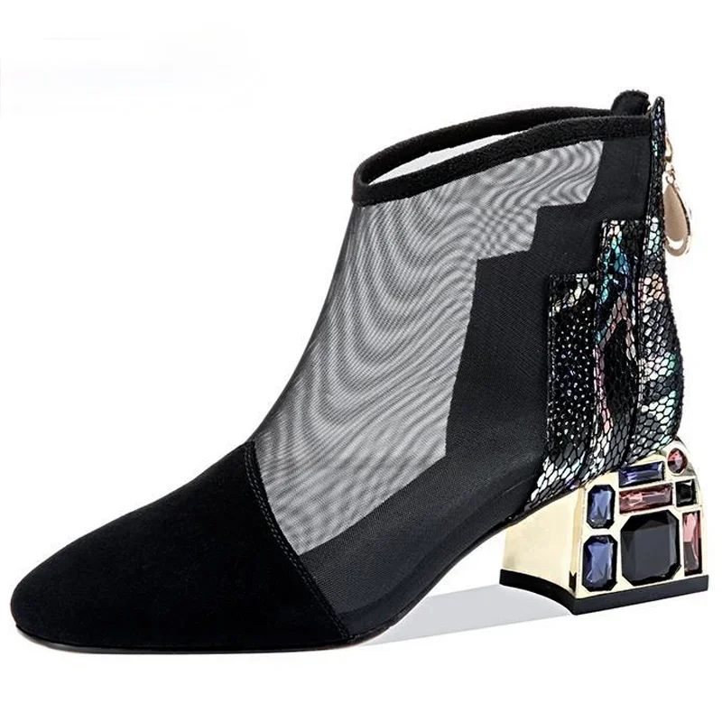 New Mesh Sandals Boots Women Mesh Ankle Boot for Summer Mid Heel Rhinestone Ponited Toe Shoes Hollow Out Back Zip Black Pumps