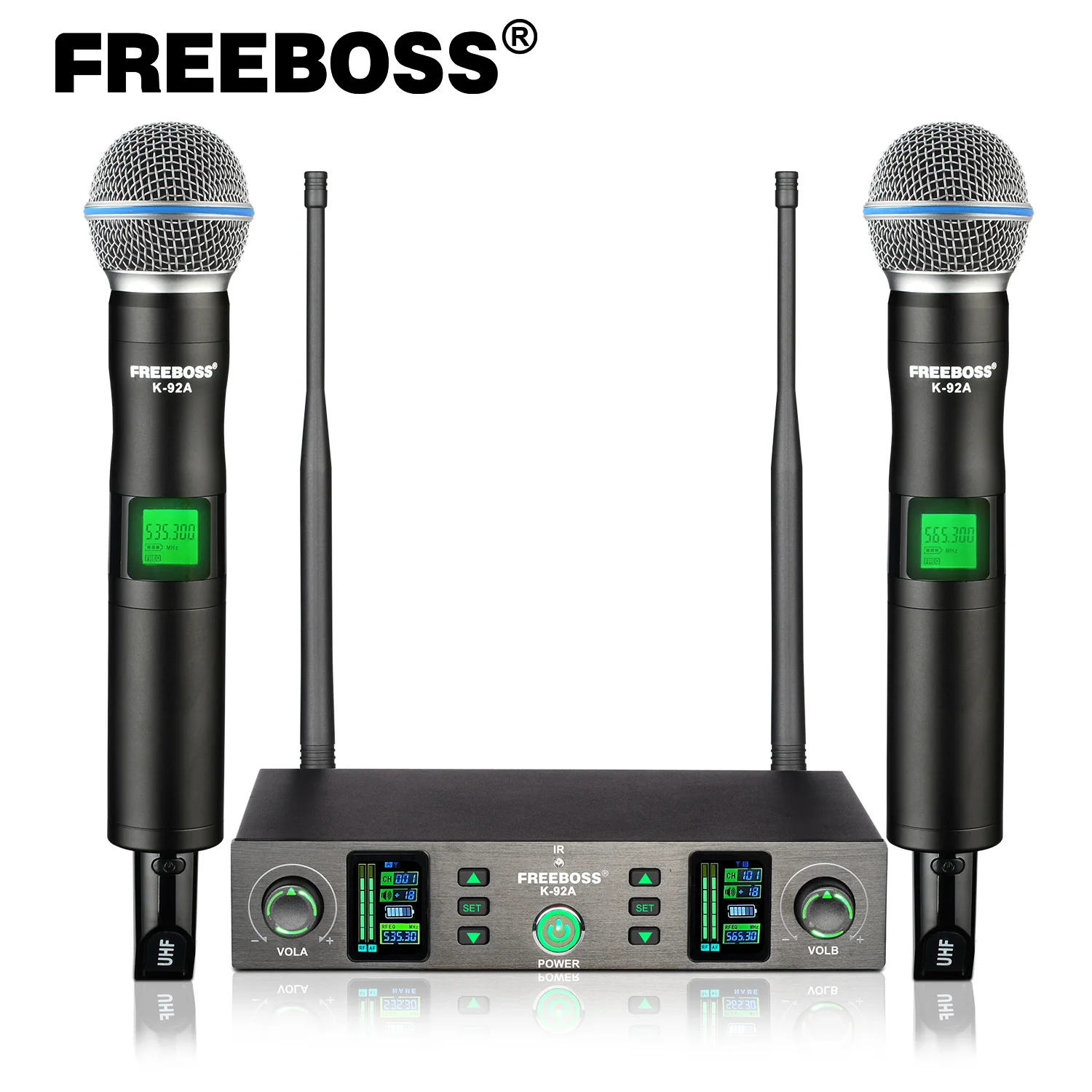 

FREEBOSS 2 Handheld Wireless Karaoke Microphone UHF Adjustable Frequency IR Auto Scan Dynamic Stage Cordless Mic System K-92A