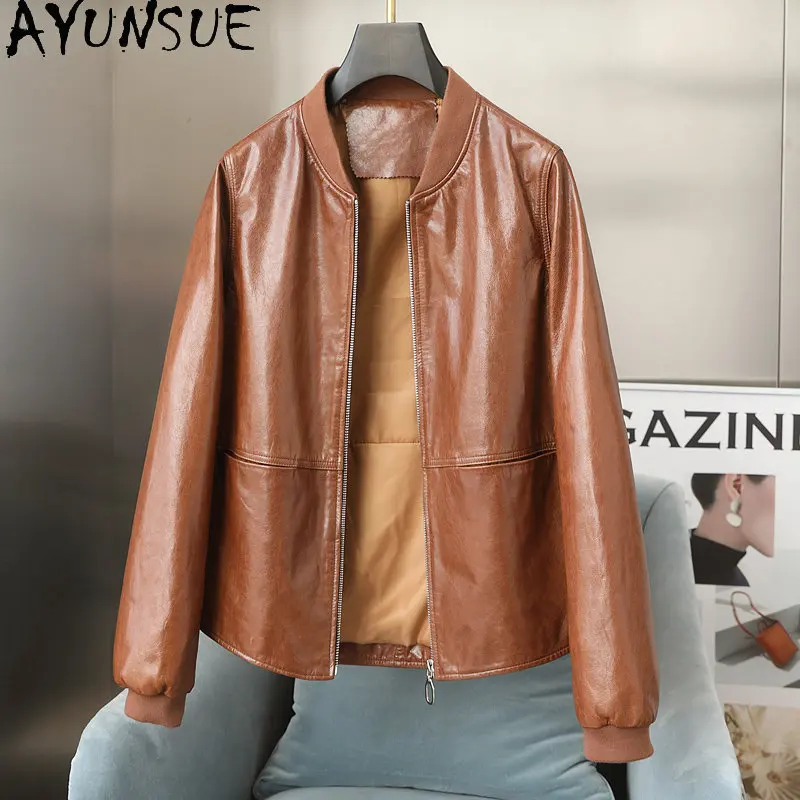 AYUNSUE-Chaqueta de piel auténtica para mujer, abrigo de piel de cabra auténtica, holgado, corto, de béisbol, primavera y otoño, 2023