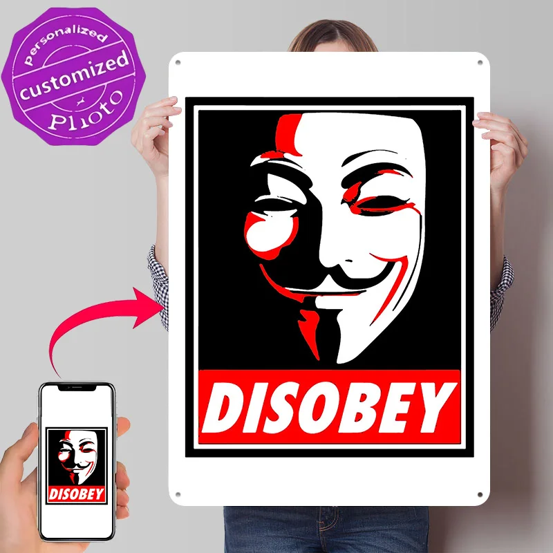 Anonymous Mask Disobey Metal Poster Perfect Gift for Fans Lovers Customized Wall Art Metal Sign for Home Decorations Funny Signs