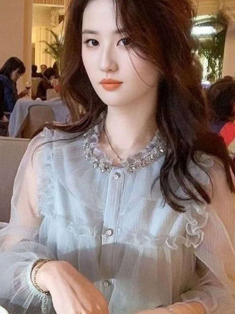 Doce babados camisas femininas 2025 camisas de mujer manga longa blusas soltas vintage único breasted plissado chique blusa coreana