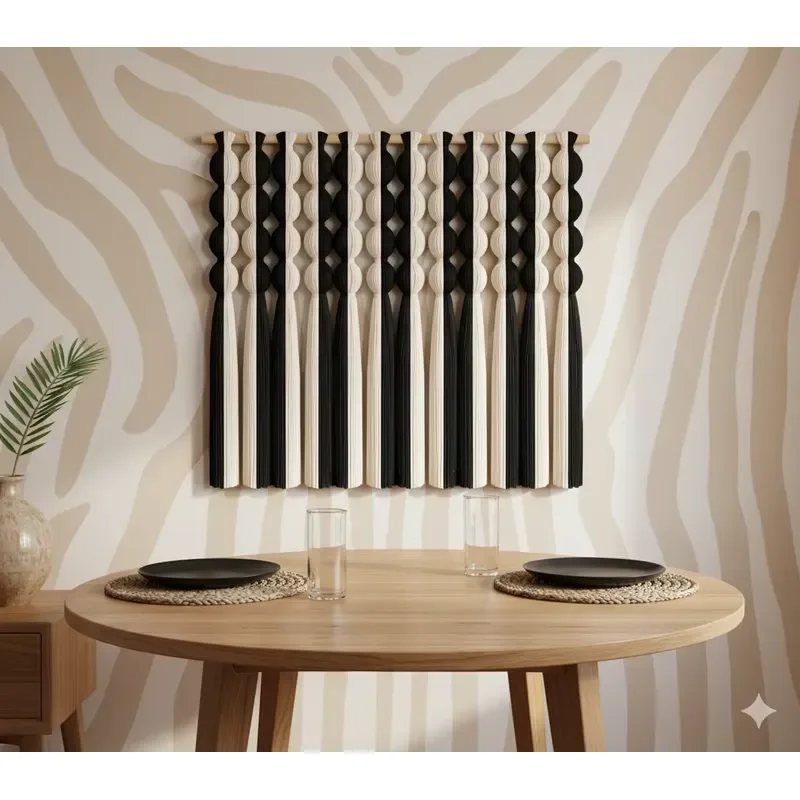 Geometrically Symmetrical Art Deco Black White High Eco-Friendly Posemia Manual Woven Cotton Thread Vertical Pattern