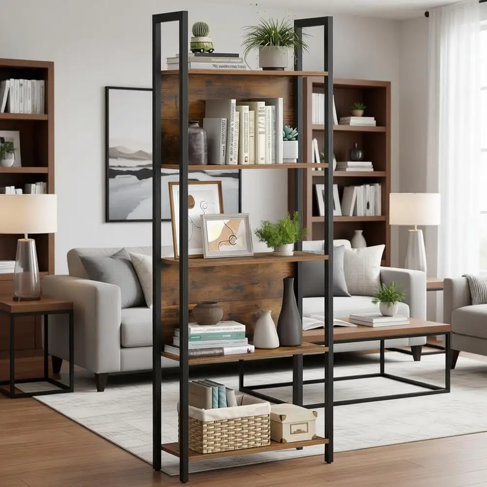 

5-уровневая промышленная книжная полка, коричневый и черный в деревенском стиле, подходит для домашнего офиса, спальни, 9,4x24,4x65 дюймов