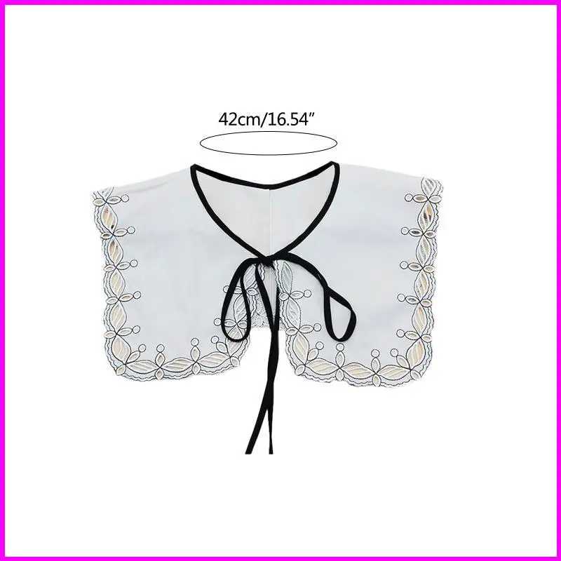 Women Square Big Shawl Fake Collar Embroidery Trim Lace-Up Scarf