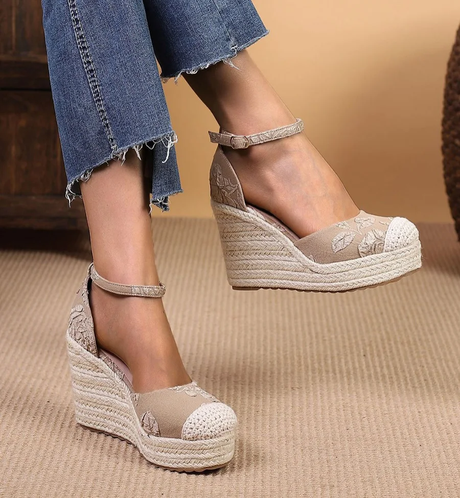 LIHUAMAO Sandalias de cuña cómodas de tela estampada con flores para mujer, alpargatas de tacón alto, zapatos de salón, calzado casual, estilo bohemio de playa