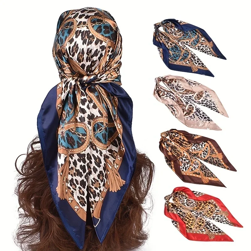 1pcs Women\'s Leopard Print 90 Silk Scarf Imitation Silk Fashion Trend Leopard Print Multi-color Stitching Large Square Scarf