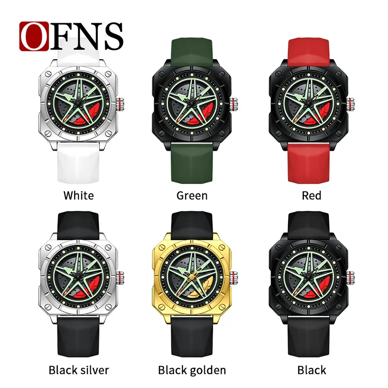 OFNS 8017 New Fashion Men's Square Quartz Watch Trendy Rotating Pentagram Waterproof Luminous Sports Wristwatch