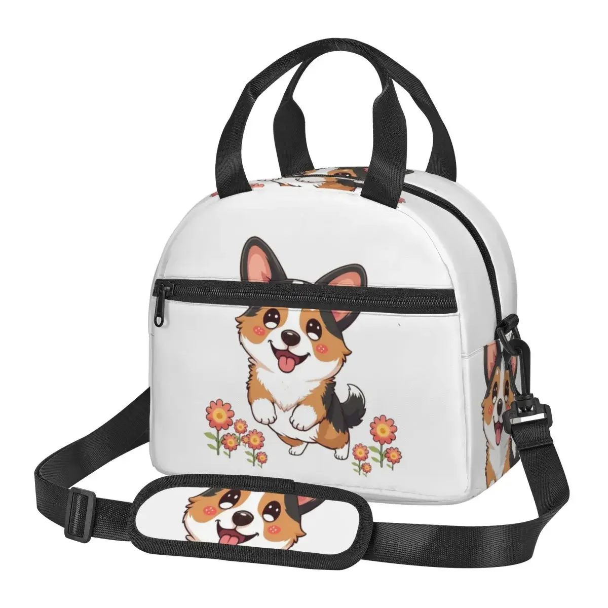 Kawaii Tricolor Corgi In The Garden Insulated Lunch Bag for Women Kids Portable Food Boxes Thermal Lunch Box Tote