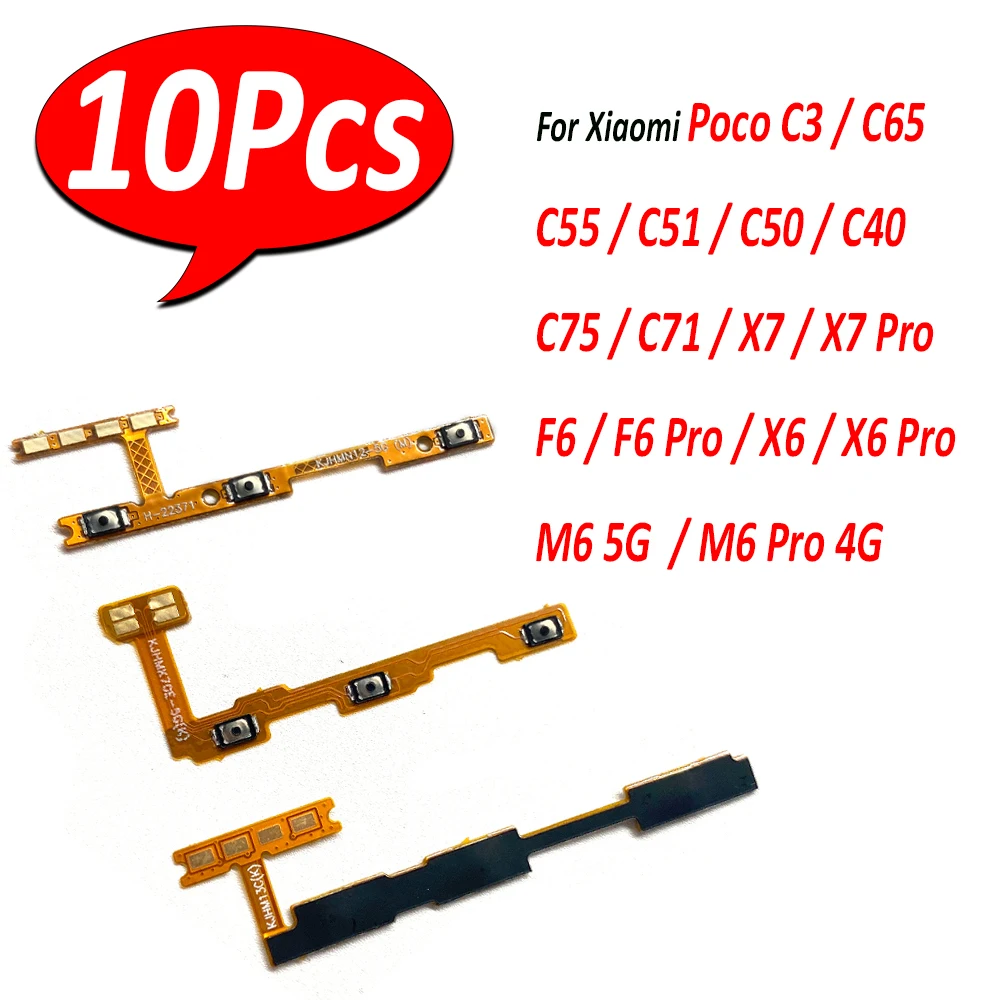 10Pcs，Power on/off Volume Key Button Flex Cable For Xiaomi Poco C3 C65 C55 C51 C50 C40 C75 C71 X7 F6 X6 X8 Pro Max 4G M6 5G